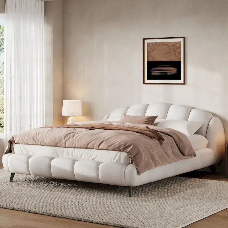 King Platform Bed Shell-Shape Headboard Chenille Upholstery Solid Wood