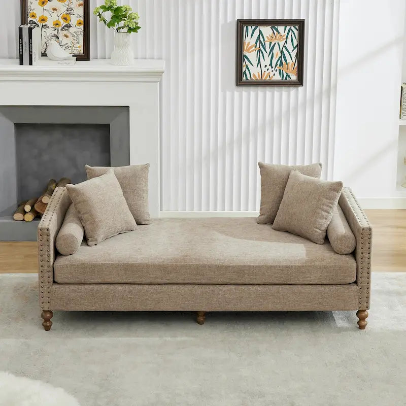 Upholstered Chaise Lounge Chenille Brass Nailheads Pocket Spring 4 Pillows