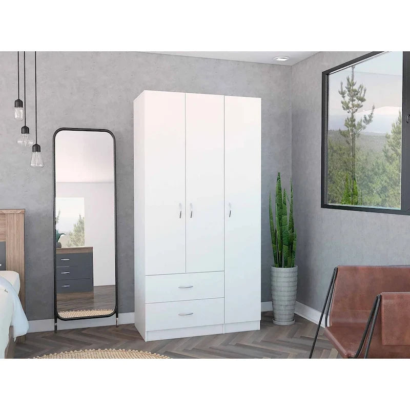 Modern 3-Door Armoire Wardrobe with Drawers Shelves and Hanging Rod