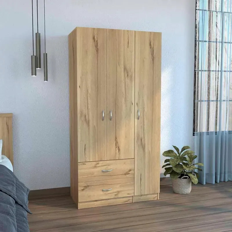 Modern 3-Door Armoire Wardrobe with Drawers Shelves and Hanging Rod