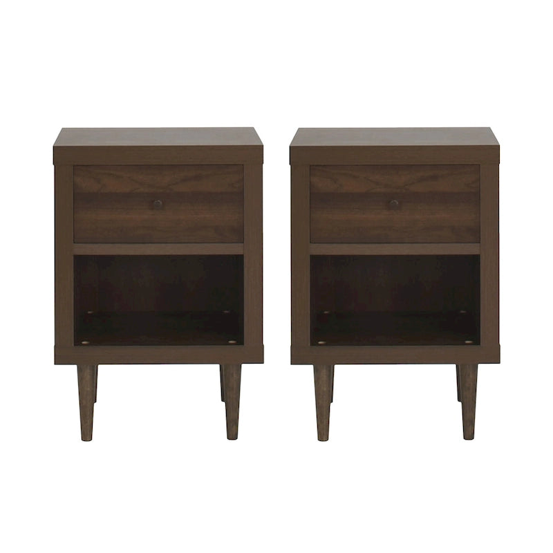 Faux Wood Single Drawer Nightstand with Bottom Shelf Mid-Century Style