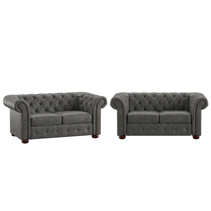 Sofá Chesterfield de dois lugares, capitoné, braços enrolados, pés de mocho em espresso