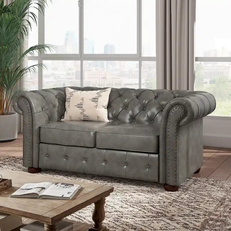 Chesterfield Loveseat Button Tufted Rolled Arms Espresso Bun Feet