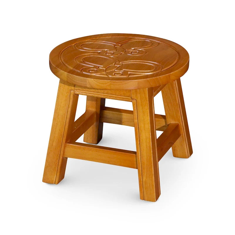 Carved Wooden Step Stool Rubberwood Multi-functional Ottoman Footrest