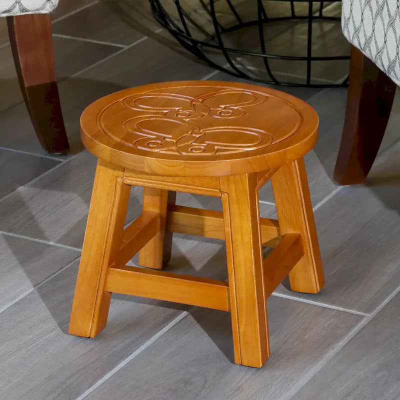 Carved Wooden Step Stool Rubberwood Multi-functional Ottoman Footrest