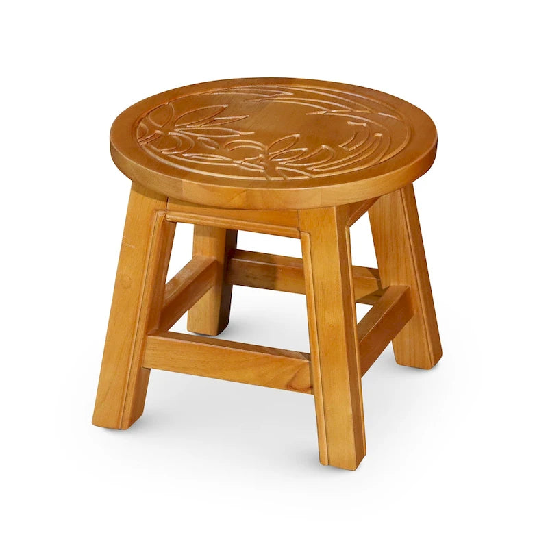 Carved Wooden Step Stool Rubberwood Multi-functional Ottoman Footrest