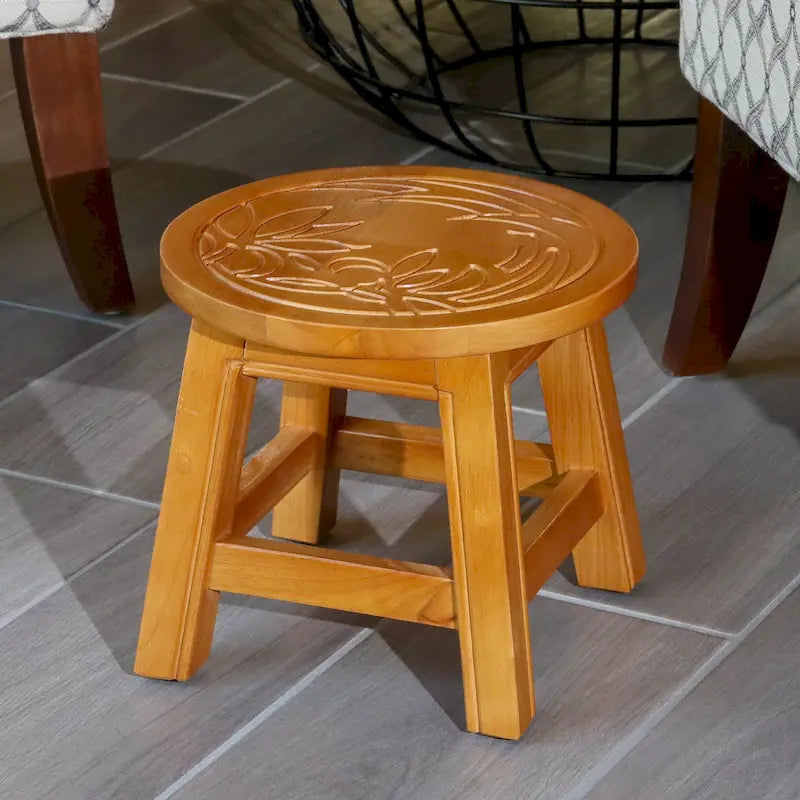Carved Wooden Step Stool Rubberwood Multi-functional Ottoman Footrest