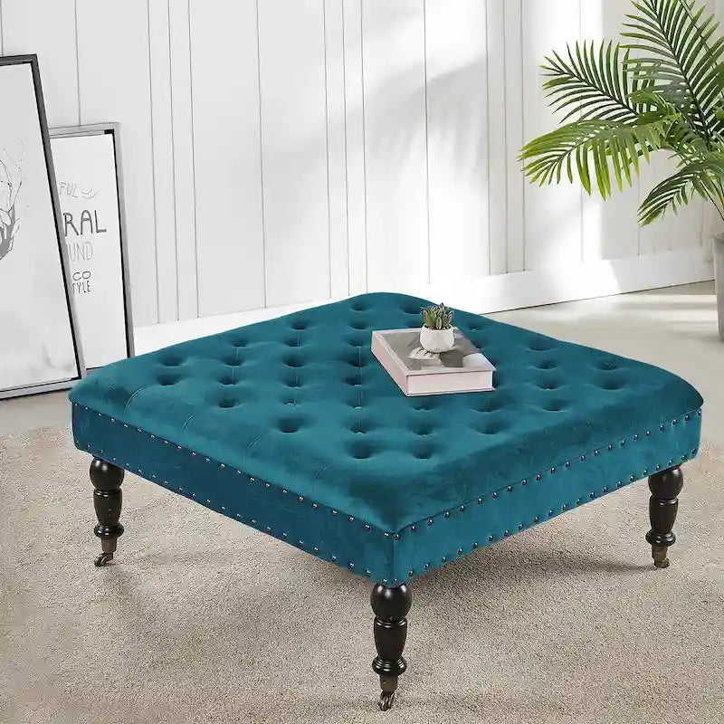 Tufted Coffee Table Ottoman Brass Nailhead Accents Caster Wheels 33x33x18