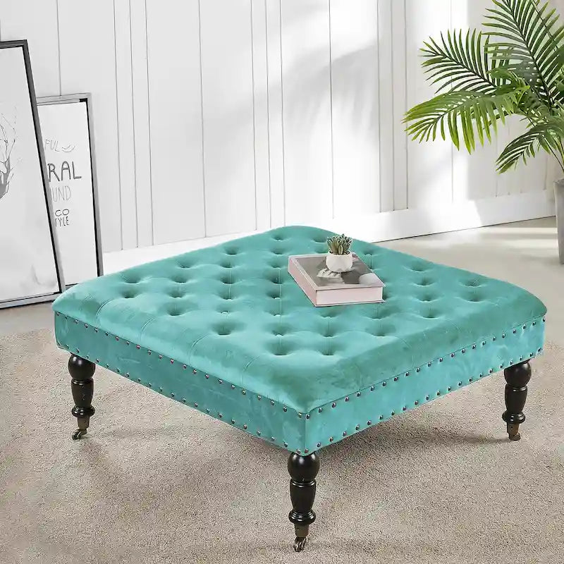 Tufted Coffee Table Ottoman Brass Nailhead Accents Caster Wheels 33x33x18