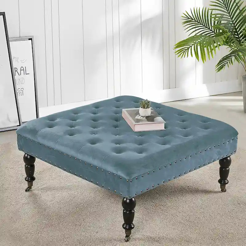 Tufted Coffee Table Ottoman Brass Nailhead Accents Caster Wheels 33x33x18