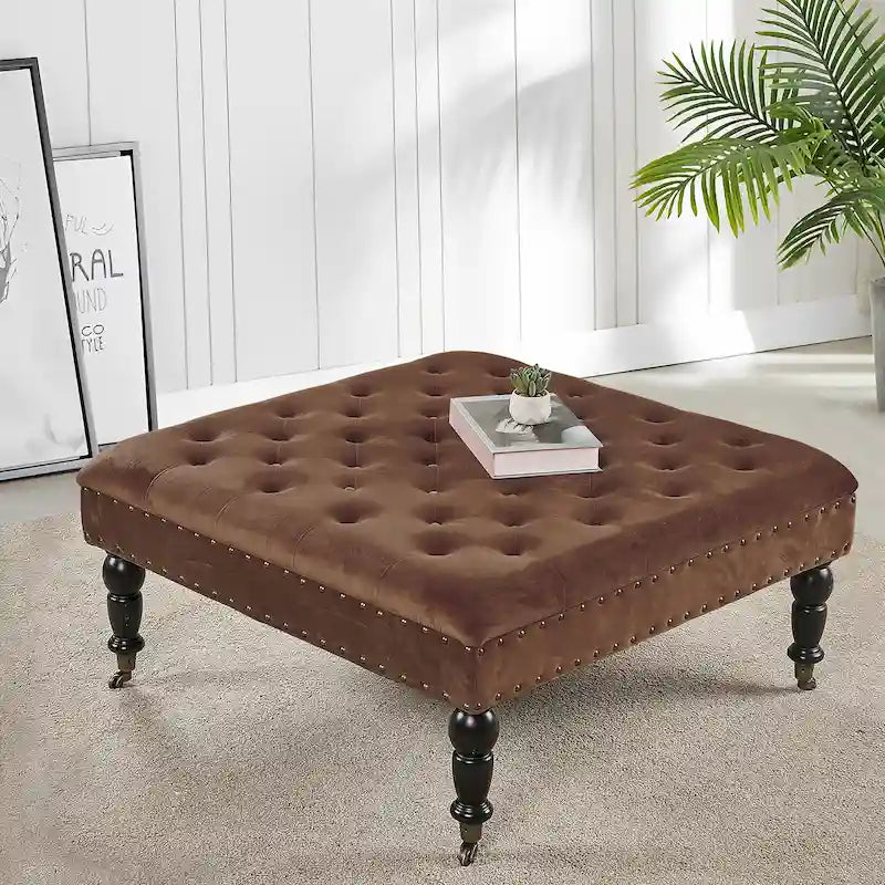 Tufted Coffee Table Ottoman Brass Nailhead Accents Caster Wheels 33x33x18