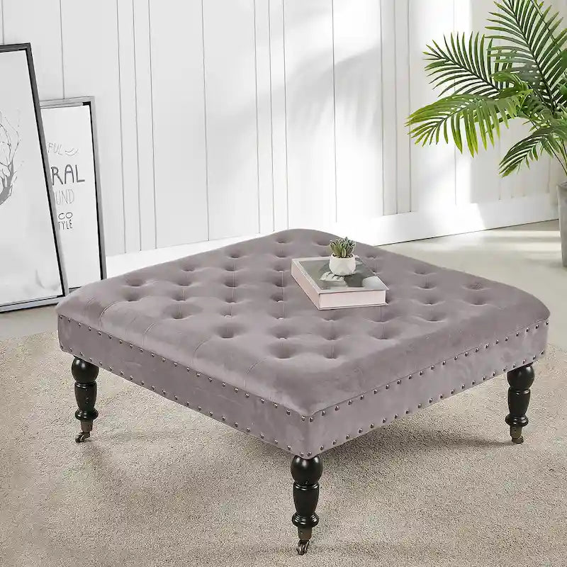 Tufted Coffee Table Ottoman Brass Nailhead Accents Caster Wheels 33x33x18