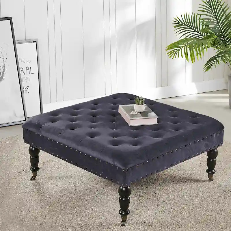 Tufted Coffee Table Ottoman Brass Nailhead Accents Caster Wheels 33x33x18