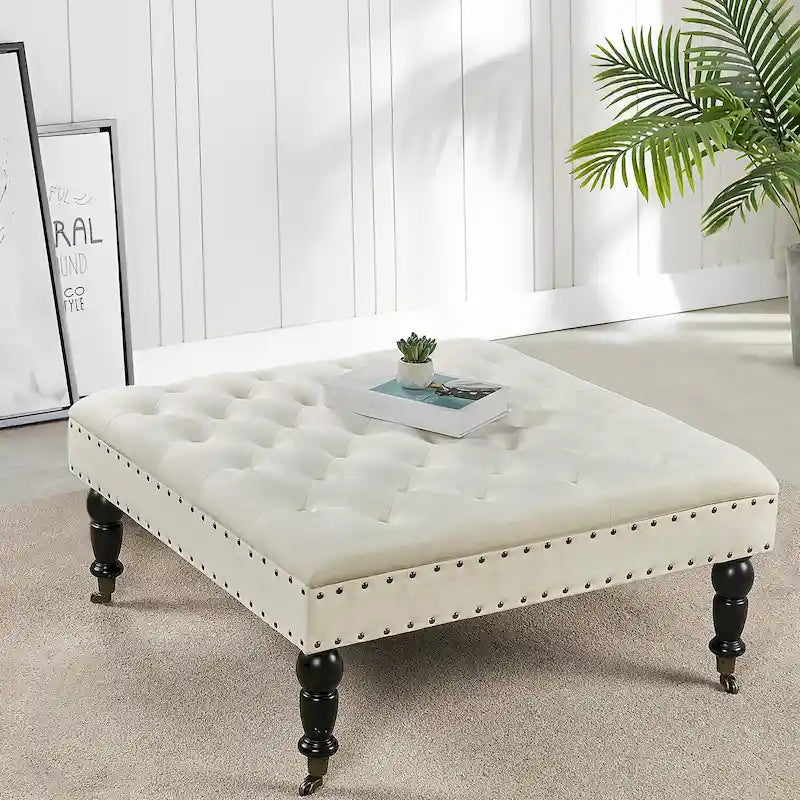 Tufted Coffee Table Ottoman Brass Nailhead Accents Caster Wheels 33x33x18
