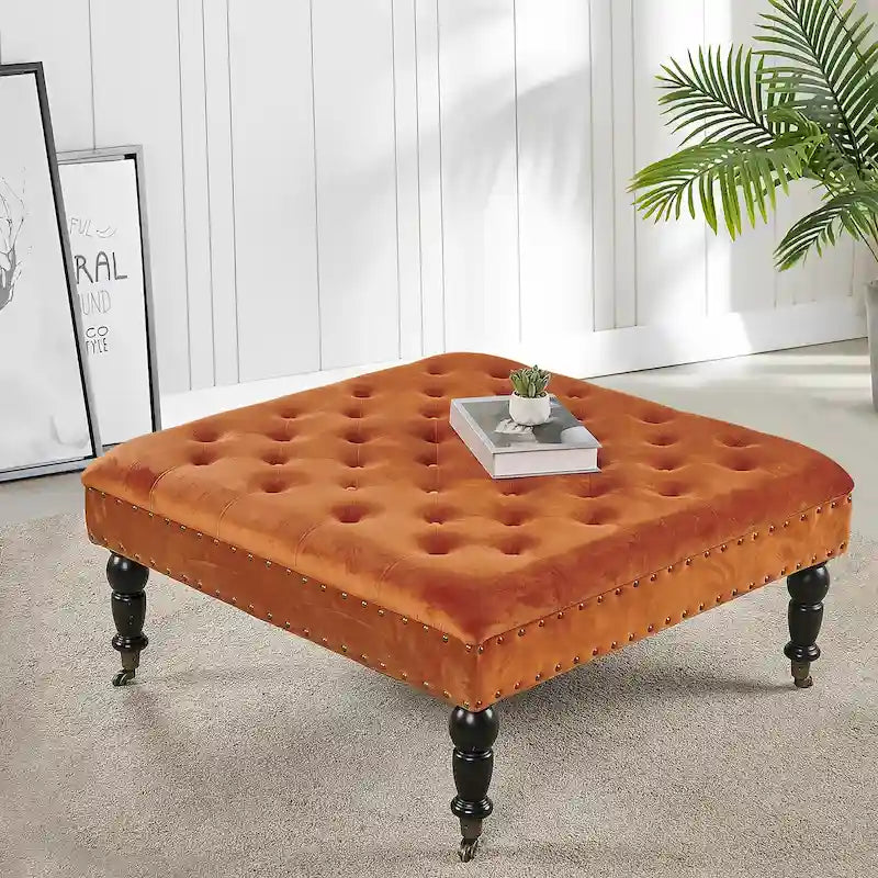 Tufted Coffee Table Ottoman Brass Nailhead Accents Caster Wheels 33x33x18