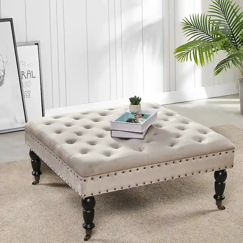 Tufted Coffee Table Ottoman Brass Nailhead Accents Caster Wheels 33x33x18
