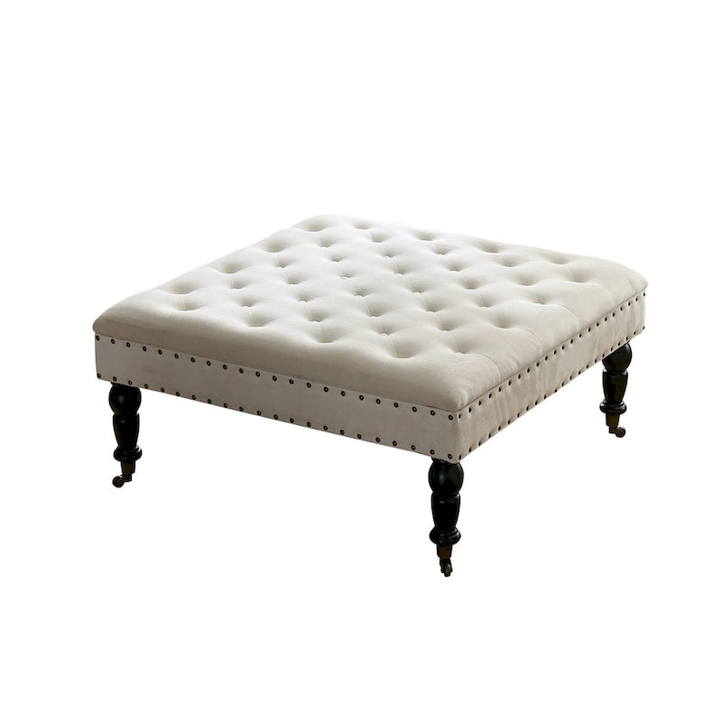 Tufted Coffee Table Ottoman Brass Nailhead Accents Caster Wheels 33x33x18