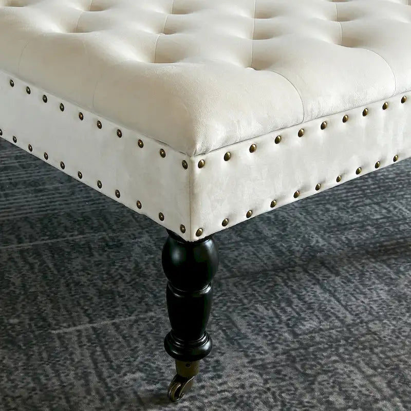 Tufted Coffee Table Ottoman Brass Nailhead Accents Caster Wheels 33x33x18
