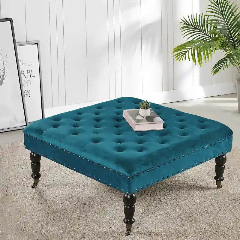 Tufted Coffee Table Ottoman Brass Nailhead Accents Caster Wheels 33x33x18