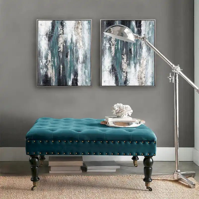 Tufted Coffee Table Ottoman Brass Nailhead Accents Caster Wheels 33x33x18