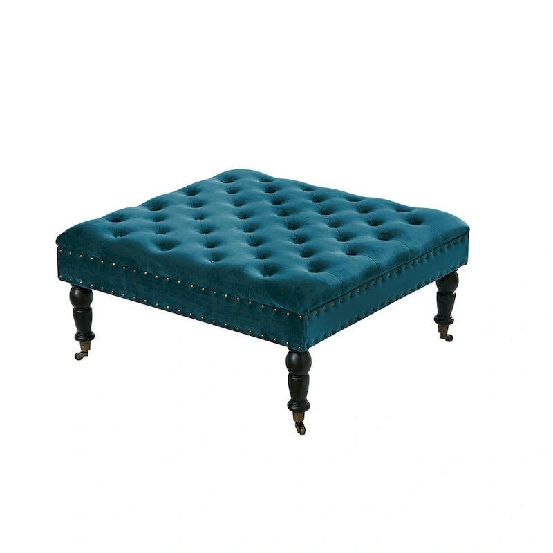 Tufted Coffee Table Ottoman Brass Nailhead Accents Caster Wheels 33x33x18