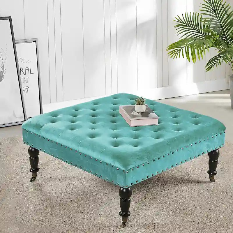 Tufted Coffee Table Ottoman Brass Nailhead Accents Caster Wheels 33x33x18