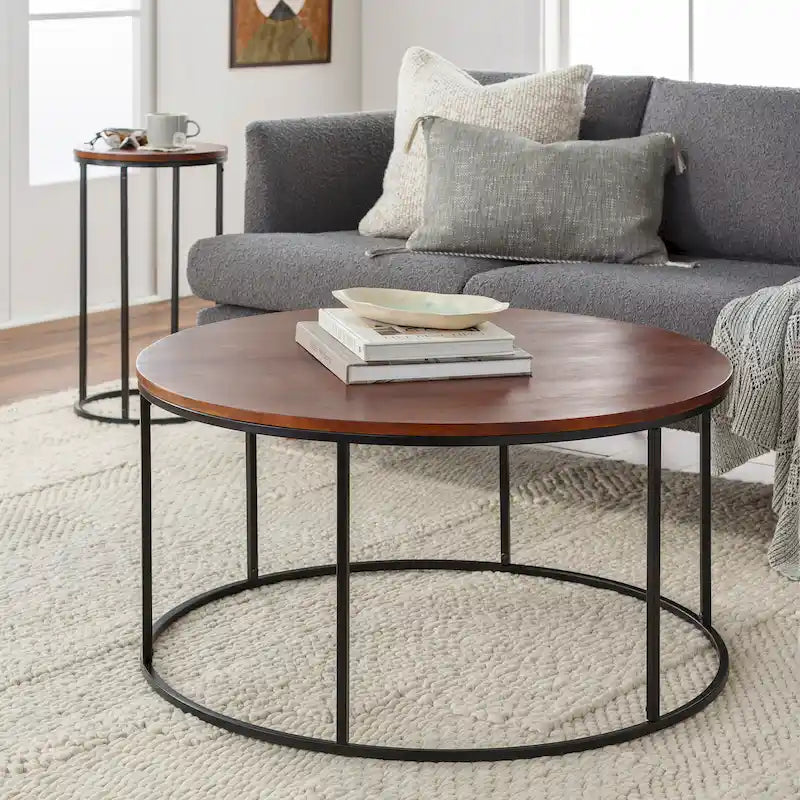 Modern Round Coffee Table Black Metal Frame Marble Wood or Glass Top