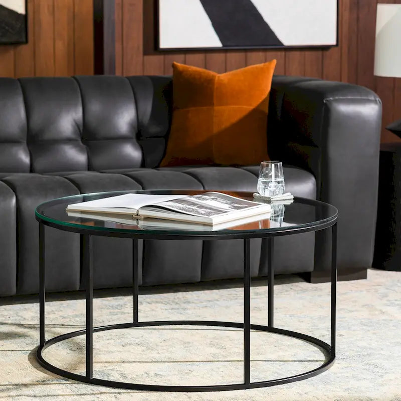 Modern Round Coffee Table Black Metal Frame Marble Wood or Glass Top