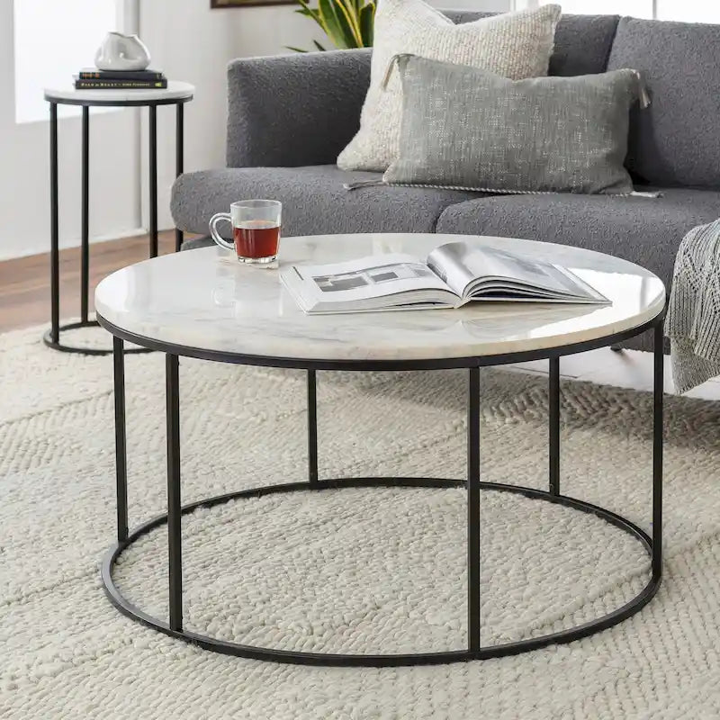 Modern Round Coffee Table Black Metal Frame Marble Wood or Glass Top