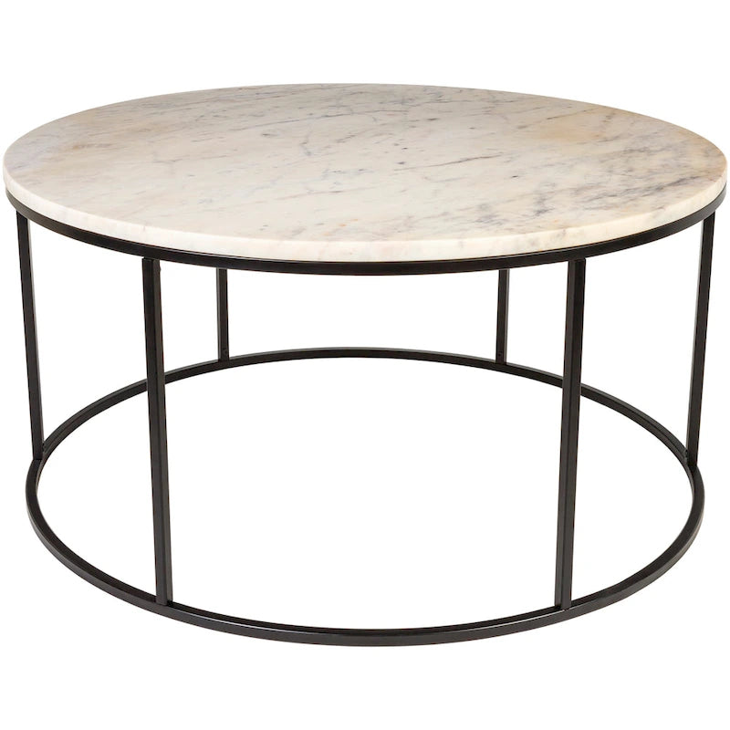 Modern Round Coffee Table Black Metal Frame Marble Wood or Glass Top
