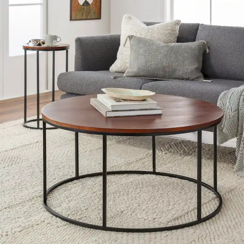 Modern Round Coffee Table Black Metal Frame Marble Wood or Glass Top