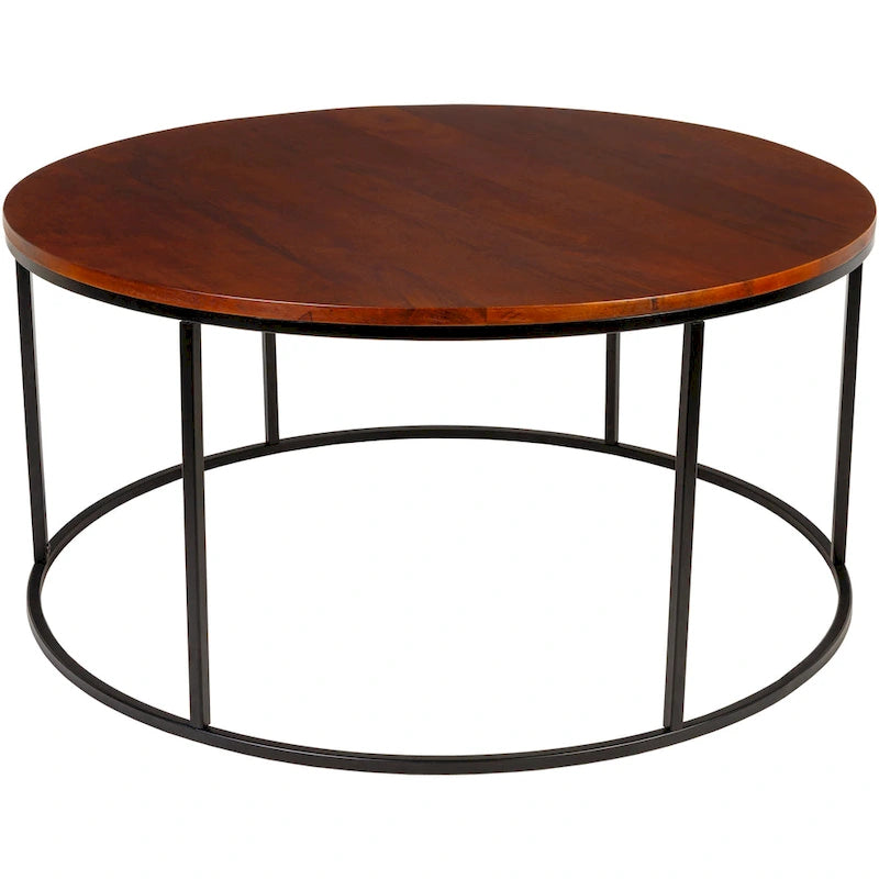 Modern Round Coffee Table Black Metal Frame Marble Wood or Glass Top