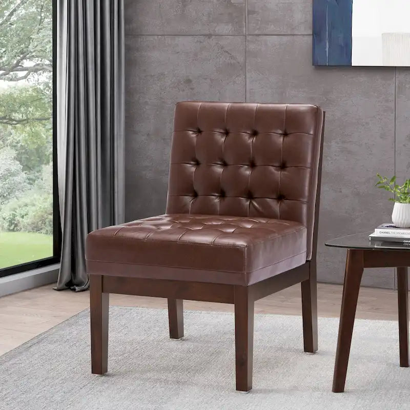 Tufted Accent Chair Faux Leather Rubberwood Legs Contemporary Design
