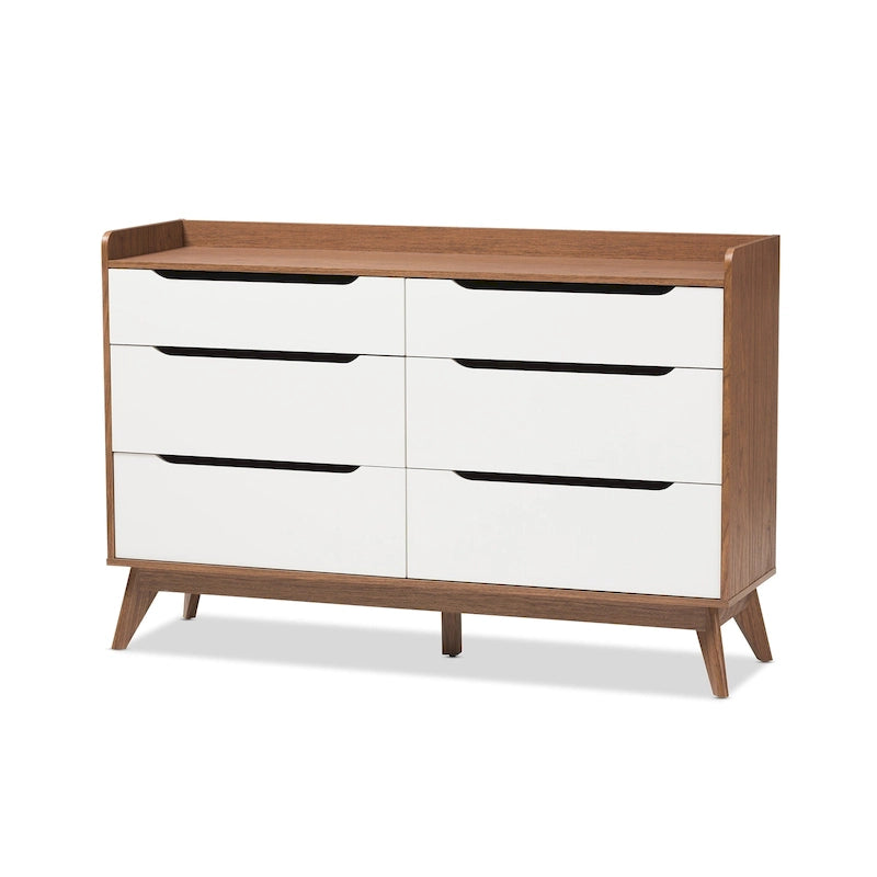 6-Drawer Mid-Century Dresser White Walnut Finish Angled Legs Cut-Out Handles