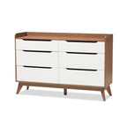 6-Drawer Mid-Century Dresser White Walnut Finish Angled Legs Cut-Out Handles