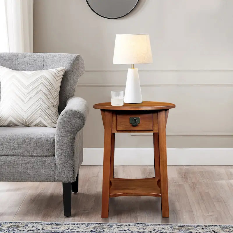 Mission Round End Table with Drawer Solid Hardwood Arts Crafts Design