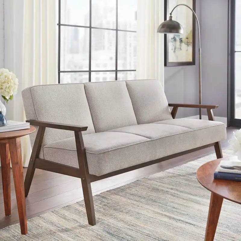 Mid-Century Sofa Rubberwood Legs Removable Cushions Linen Upholstery