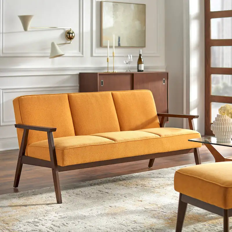 Mid-Century Sofa Rubberwood Legs Removable Cushions Linen Upholstery