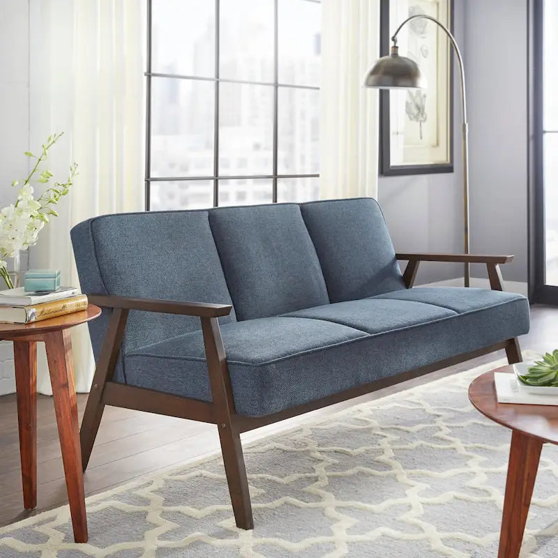 Mid-Century Sofa Rubberwood Legs Removable Cushions Linen Upholstery