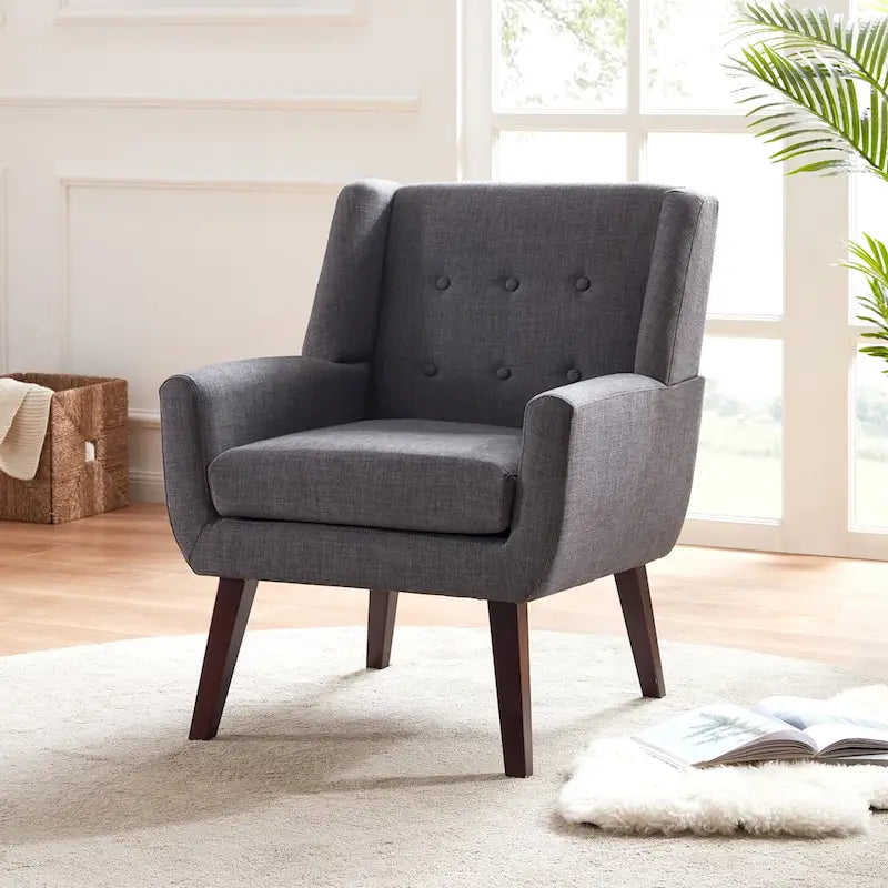 Modern Linen Tufted Accent Armchair Solid Wood Frame High-Resilience Foam