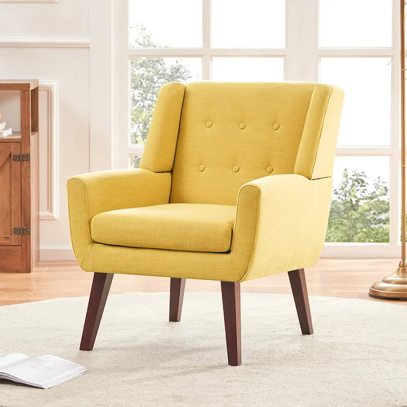 Modern Linen Tufted Accent Armchair Solid Wood Frame High-Resilience Foam