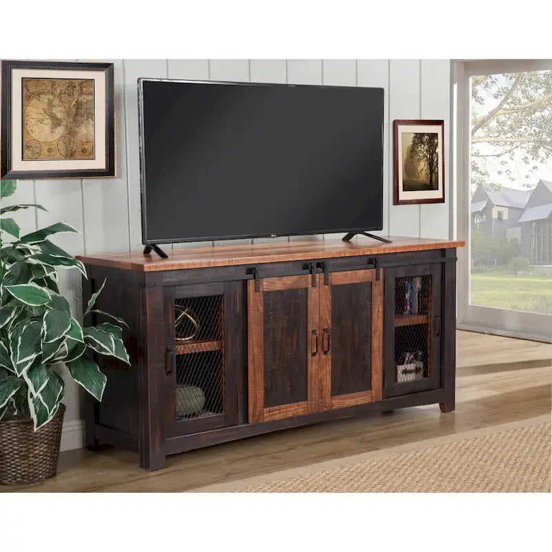 Rustic Farmhouse 65-Inch Solid Pine TV Stand Sliding Barn Doors Metal Mesh
