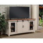 Rustic Farmhouse 65-Inch Solid Pine TV Stand Sliding Barn Doors Metal Mesh