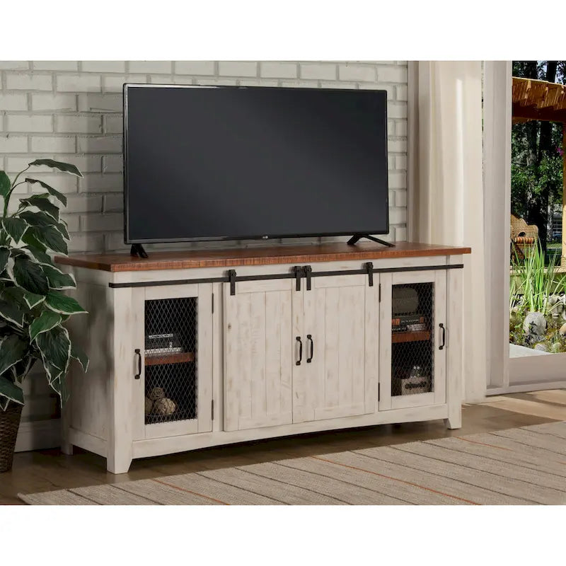 Rustic Farmhouse 65-Inch Solid Pine TV Stand Sliding Barn Doors Metal Mesh