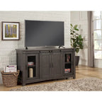 Rustic Farmhouse 65-Inch Solid Pine TV Stand Sliding Barn Doors Metal Mesh