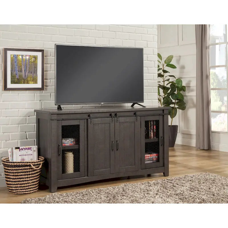 Rustic Farmhouse 65-Inch Solid Pine TV Stand Sliding Barn Doors Metal Mesh