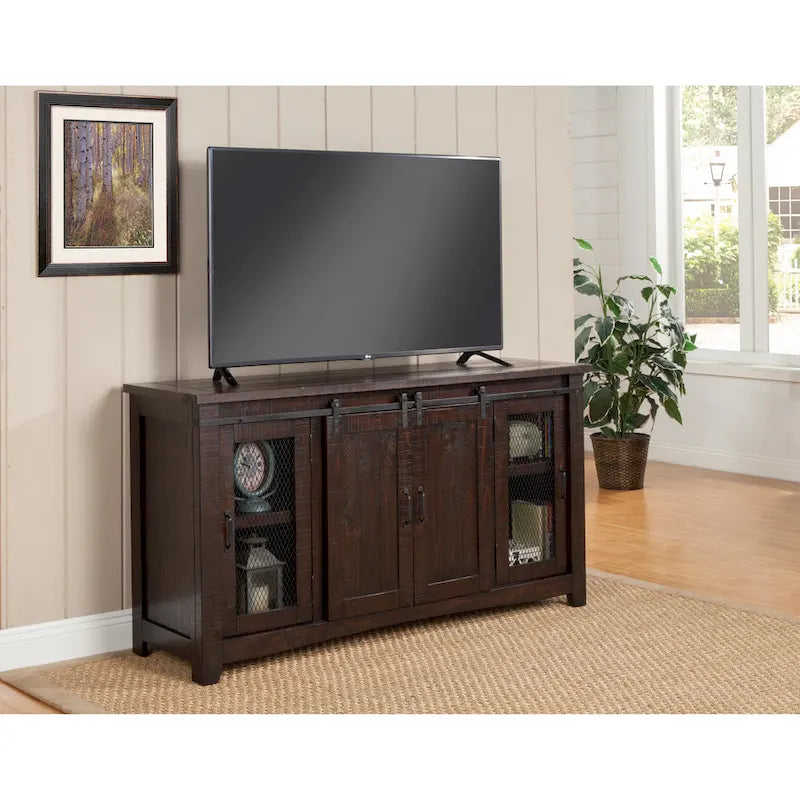 Rustic Farmhouse 65-Inch Solid Pine TV Stand Sliding Barn Doors Metal Mesh
