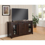 Rustic Farmhouse 65-Inch Solid Pine TV Stand Sliding Barn Doors Metal Mesh