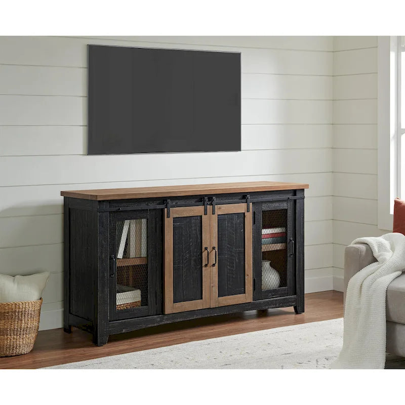 Rustic Farmhouse 65-Inch Solid Pine TV Stand Sliding Barn Doors Metal Mesh