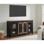 Rustic Farmhouse 65-Inch Solid Pine TV Stand Sliding Barn Doors Metal Mesh